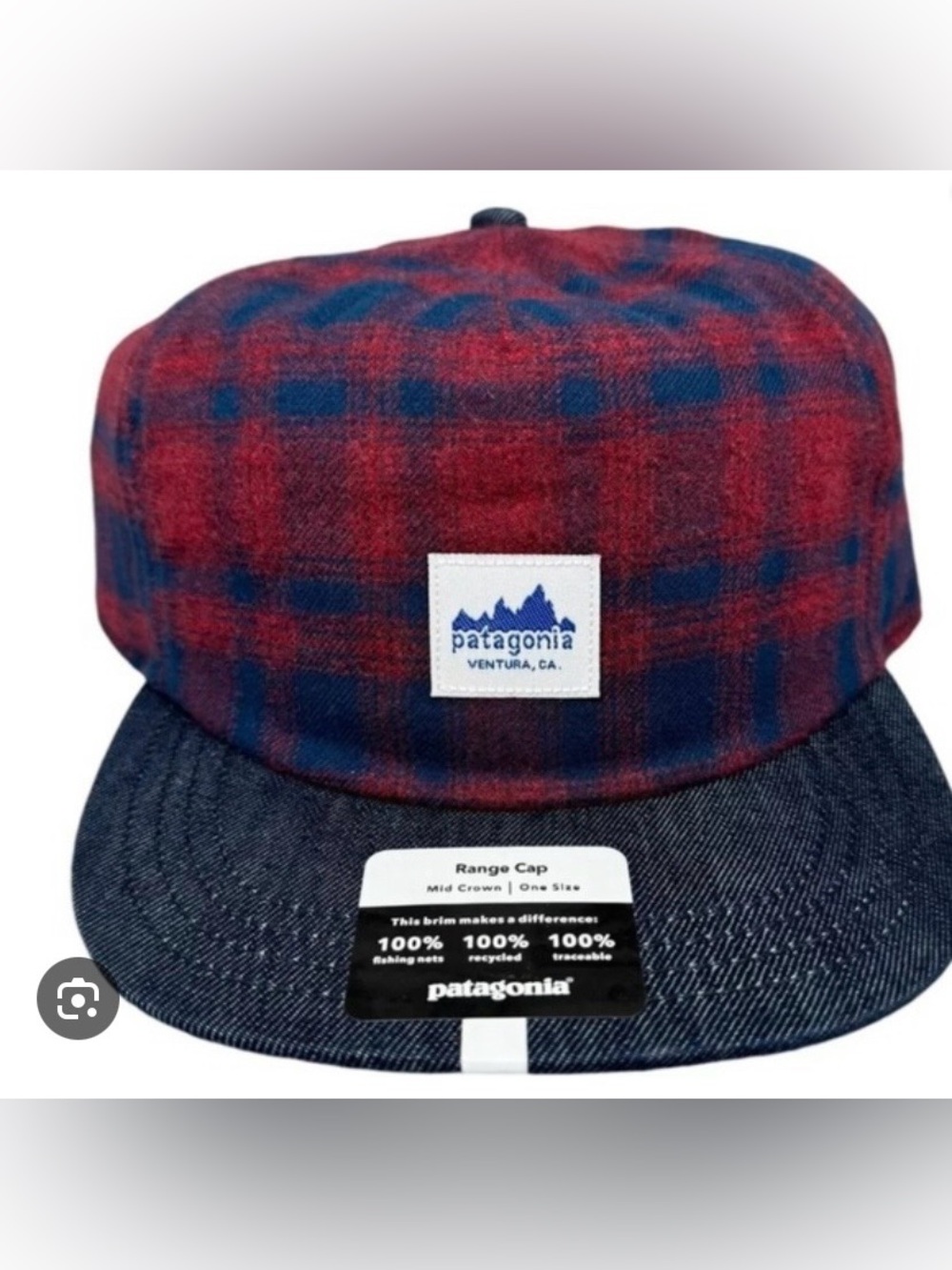 Patagonia Red & Navy Plaid Five-Panel Cap with Denim Brim